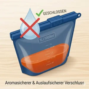 Detailansicht eines Beutels aus dem silikonbeutel starter set, der absolut auslaufsicher und hermetisch abschließt