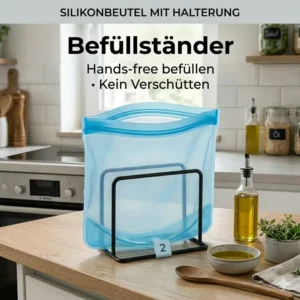 Platzsparende Aufbewahrung von Silikonbeuteln mit Halterung im Gefrierschrank.