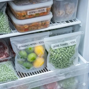 Mehrere silikonbeutel luftdicht befüllt und platzsparend im Gefrierschrank gestapelt.