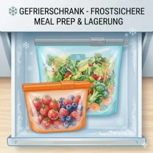 Ein silikonbeutel starter set gefüllt mit gefrorenem Gemüse im Gefrierschrank, ideal für Meal Prep