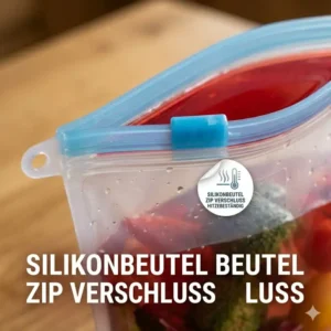 Illustration of a frosted silikonbeutel mit zip verschluss preserving food in a freezer compartment.