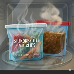 Hitzebeständiger Silikonbeutel mit Clips beim Erwärmen von Speisen in der Mikrowelle.