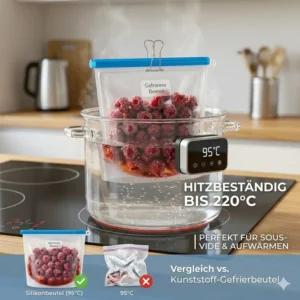 Hitzebeständiger silikonbeutel mit schiebeverschluss beim Erwärmen von Speisen im Sous-Vide-Bad.