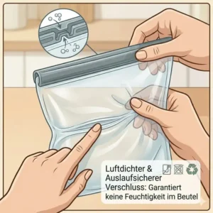 Der luftdichte Verschluss eines dicker silikonbeutel garantiert Schutz vor Auslaufen.