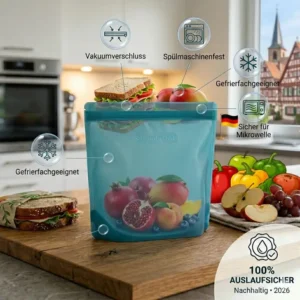 Grafik für Silikonbeutel auslaufsicher beim Einsatz im Gefrierschrank und in der heißen Mikrowelle.