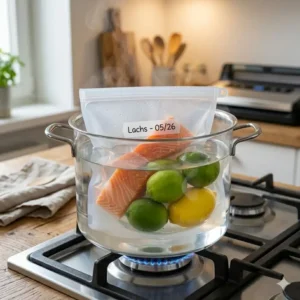 Anwendung von einem silikonbeutel luftdicht beim Sous-Vide-Garen in heißem Wasser.