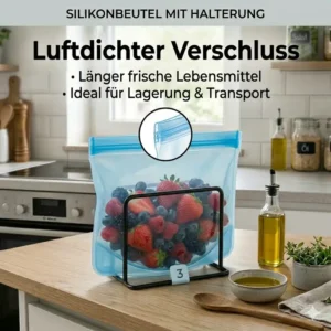 Hitzebeständige Silikonbeutel mit Halterung geeignet für Sous-Vide und Kochen.