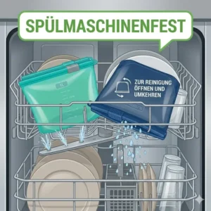Ein Beutel aus dem silikonbeutel starter set in der Spülmaschine, was die einfache Reinigung zeigt