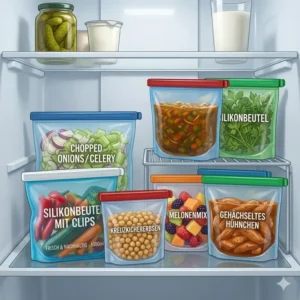 Farbige Silikonbeutel mit Clips vorbereitet für das wöchentliche Meal Prep im Kühlschrank.