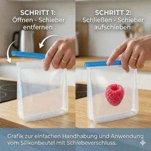 Grafik zur einfachen Handhabung und Anwendung vom silikonbeutel mit schiebeverschluss.