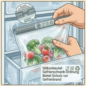 Ordnung im Gefrierschrank mit einem dicker silikonbeutel zur Vermeidung von Gefrierbrand.