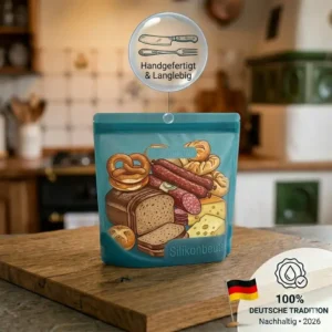 Nachhaltigkeits-Vergleich von einem Silikonbeutel auslaufsicher gegen viele Einweg-Plastiktüten für die Umwelt.