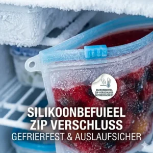 Sustainable icon comparing one reusable silikonbeutel mit zip verschluss to hundreds of single-use plastic bags.