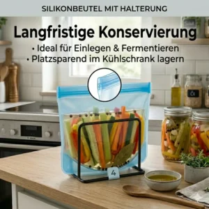 Silikonbeutel kopfüber auf der Halterung zum hygienischen Trocknen nach der Reinigung.