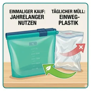 Vergleich eines silikonbeutel starter set mit Einweg-Plastiktüten, um die Umweltfreundlichkeit zu betonen