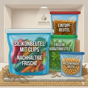 Umweltfreundliche und wiederverwendbare Silikonbeutel mit Clips als Alternative zu Plastiktüten.