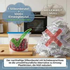 Nachhaltiger silikonbeutel mit schiebeverschluss als umweltfreundliche Alternative zu Einweg-Plastiktüten.