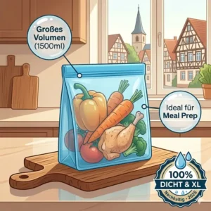 Aufrecht stehende Silikonbeutel auslaufsicher sortiert im Kühlschrank für eine ordentliche Meal Prep Organisation.