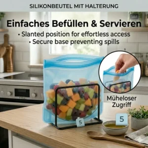 Luftdichter Verschluss der Silikonbeutel mit Halterung für langanhaltende Frische.