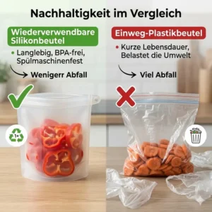 Vergleich zwischen einem wiederverwendbaren silikonbeutel luftdicht und herkömmlichen Einweg-Plastikbeuteln.