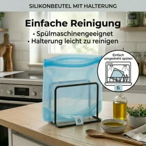 Vergleich von umweltfreundlichen Silikonbeuteln mit Halterung gegenüber Einweg-Plastiktüten.