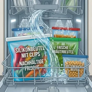 Pflegeleichte Silikonbeutel mit Clips umgestülpt in der Spülmaschine für eine einfache Reinigung.