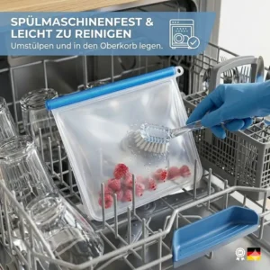 Pflegeleichter und spülmaschinenfester silikonbeutel mit schiebeverschluss in der Spülmaschine.