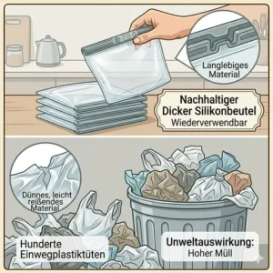 Vergleich zwischen Einwegplastik und dem umweltfreundlichen, dicker silikonbeutel.