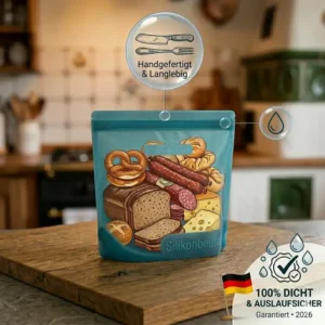 Illustration zur einfachen Reinigung im Geschirrspüler für einen Silikonbeutel auslaufsicher auf dem oberen Rack.