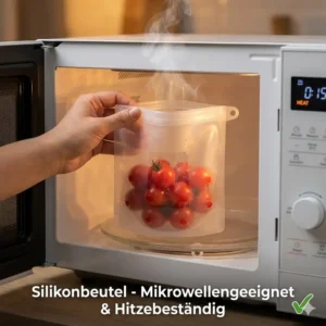 Sicherer silikonbeutel luftdicht beim Erwärmen von Speisen in der Mikrowelle.