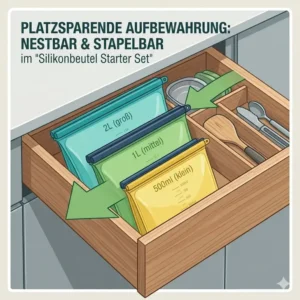 Mehrere Beutel aus dem silikonbeutel starter set platzsparend und organisiert in einer Küchenschublade