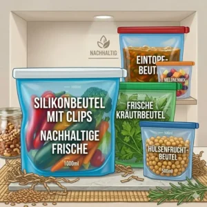 Set aus verschiedenen Größen von Silikonbeuteln mit Clips für Snacks, Obst und Mahlzeiten.