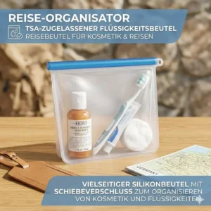 Vielseitiger silikonbeutel mit schiebeverschluss zum Organisieren von Kosmetik und Flüssigkeiten auf Reisen.