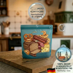 Ein Silikonbeutel auslaufsicher verpackt mit Snacks in einem Rucksack für unterwegs und auf Reisen.