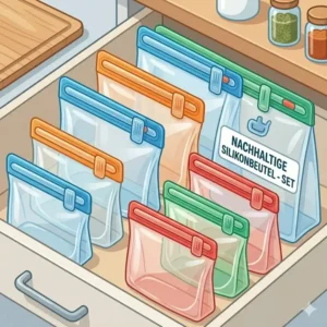 A varied collection of different-sized reusable silicone bags, all equipped with the leak-proof silikonbeutel vakuum verschluss.