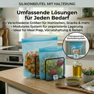 Set aus verschiedenen Größen von Silikonbeuteln inklusive praktischer Halterung.
