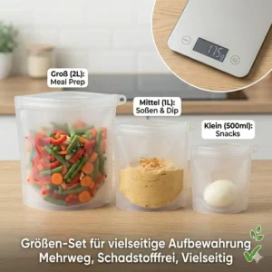 Übersicht von einem silikonbeutel luftdicht Set in verschiedenen Größen für die Lebensmittelaufbewahrung.