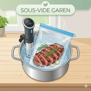Ein silikonbeutel starter set bei der Verwendung für Sous-Vide Garen mit Steak und Kräutern