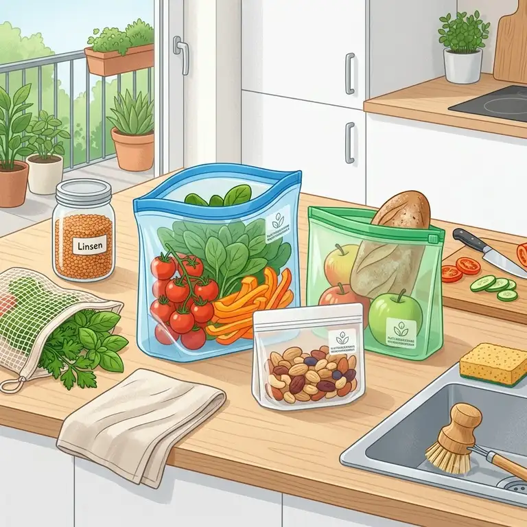 Ein Set bunter zero waste silikonbeutel gefüllt mit frischem Gemüse in einer modernen, nachhaltigen Küche.