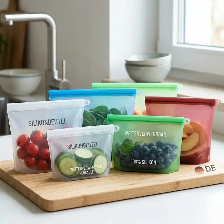 plastikfrei silikonbeutelSeveral colorful, plastic-free silicone bags with fresh vegetables and snacks on a wooden board in a bright kitchen.