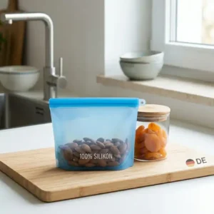Transparent plastic-free silicone bags filled with pre-cut fruits and vegetables neatly arranged in a refrigerator.