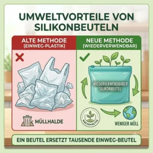 Eine Infografik über umweltfreundliche silikonbeutel mit einem Eco-Symbol für plastikfreies Leben und Zero Waste.