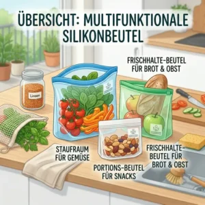 Illustration verschiedener Größen von wiederverwendbaren zero waste silikonbeutel für die Lebensmittelaufbewahrung.