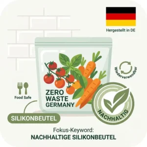 Infografik zur sicheren Erhitzung und hohen Hitzebeständigkeit in Mikrowelle und Backofen für „nachhaltige silikonbeutel“.
