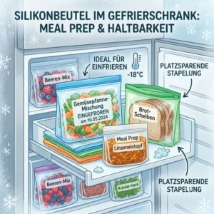Infografik zur Nutzung von zero waste silikonbeutel zum Einfrieren und für das Meal Prep im Gefrierschrank.