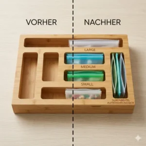Comparison illustration of a messy drawer versus a clean drawer organized with a silikonbeutel aufbewahrungsbox.