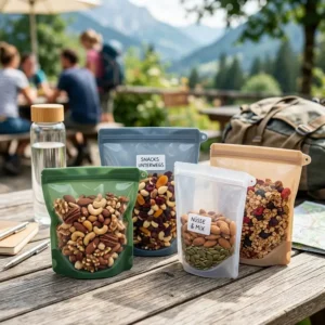 Eine Person bereitet Silikonbeutel alternative zu plastikbeuteln mit gesunden Snacks für die Arbeit vor.