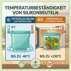 Temperaturunterschiede für umweltfreundliche silikonbeutel im Gefrierschrank bei minus 40 Grad und in der Mikrowelle bei 230 Grad.