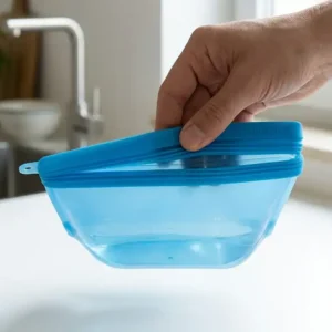 A close-up of the airtight and leakproof seal of a plastic-free silicone bag for food storage.