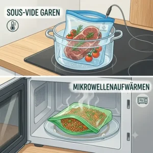 Illustration von hitzebeständigen zero waste silikonbeutel beim Erhitzen in der Mikrowelle und beim Sous-Vide-Garen.